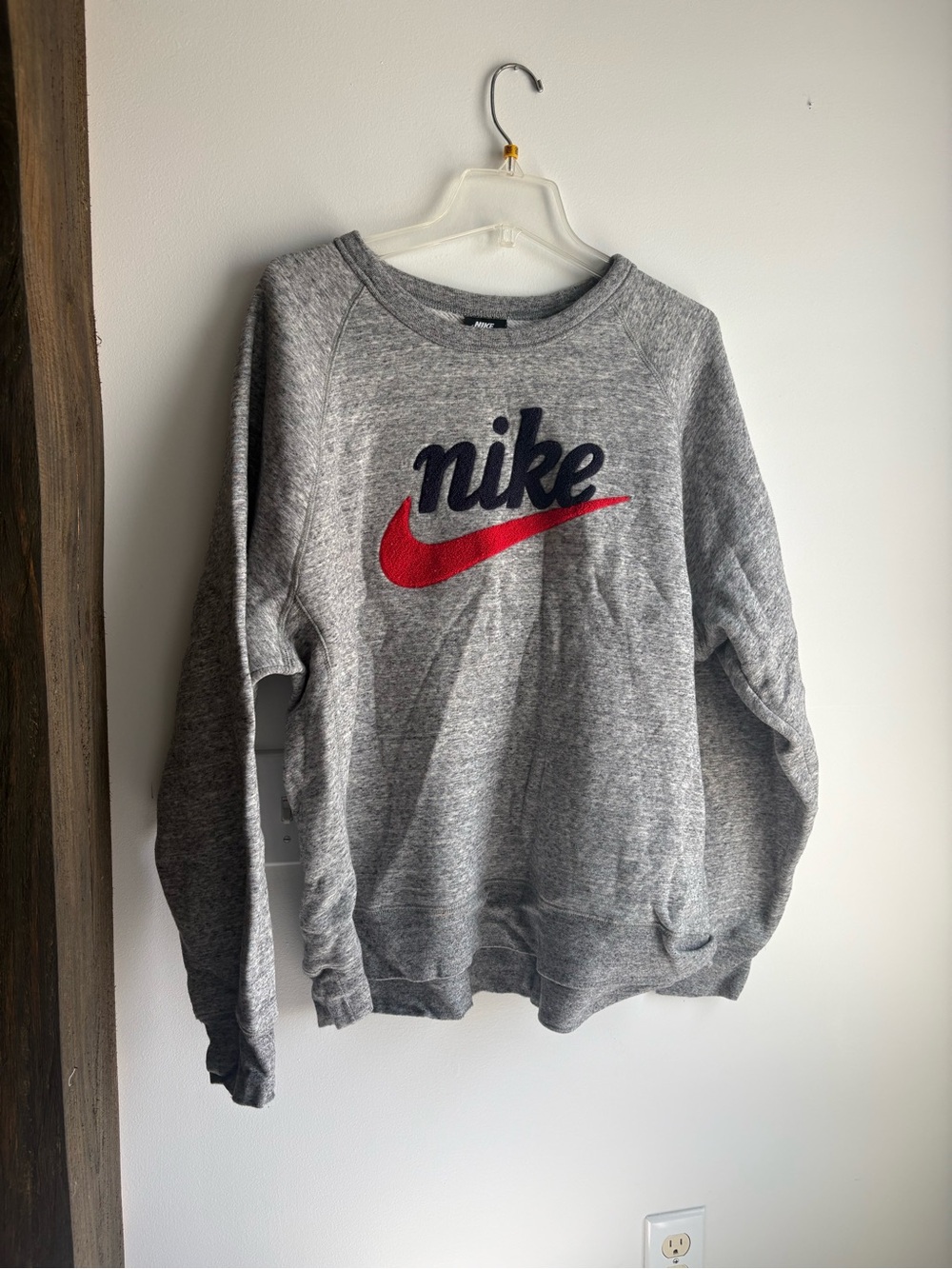 Nike Gray Crewneck Sweatshirt with Red Swoosh and Navy Script